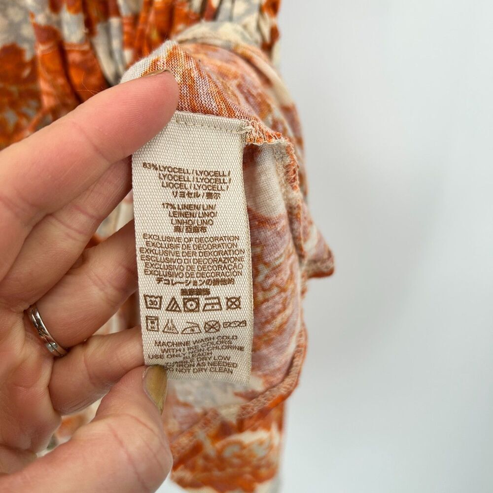 FREE PEOPLE Orange Beige Floral Flutter Sleeve Waist Tie V-Neck Blouse Top Small - Picture 7 of 7